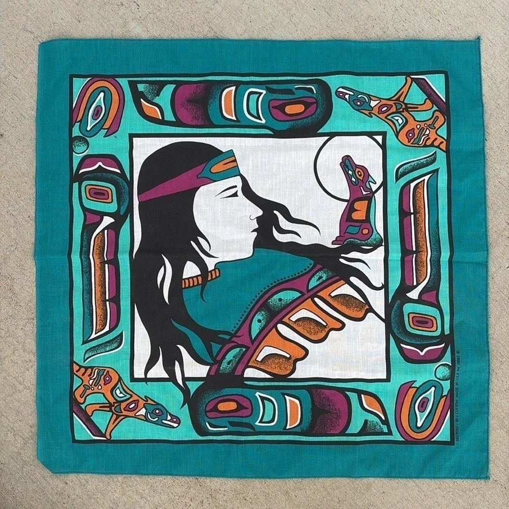 Vintage Native American Art Bandana, Turquoise